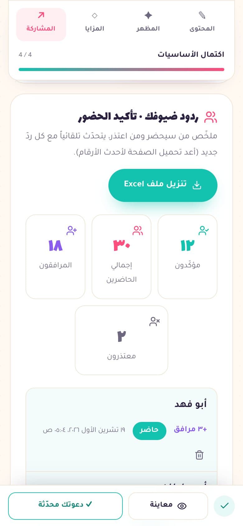 ملخّص الحضور في رابط التحكم: عدد المؤكدين والمعتذرين